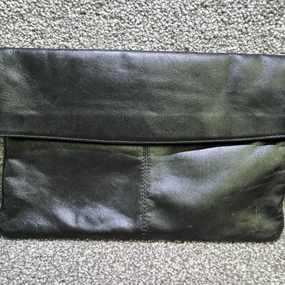 Genuine leather black purse fold over flap clutch pocket book formal  - Q1470